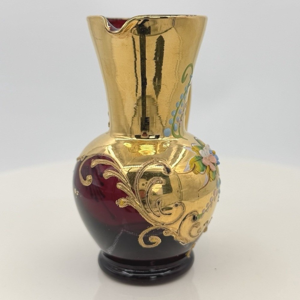 Vintage Murano Tre Fuochi Ruby Red Gold Miniature Pitcher Hand Painted 4" - Picture 2 of 11